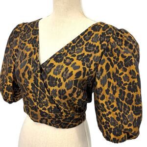 FRNCH Paris XS Faux Wrap Crop Top Puff Sleeve Tie Back Animal Jacquard Copper